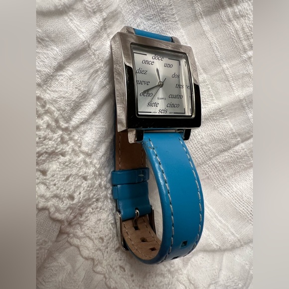 EUC Spanish Numbers Square Watch with Turquoise Leather Wristband RARE - Picture 4 of 7